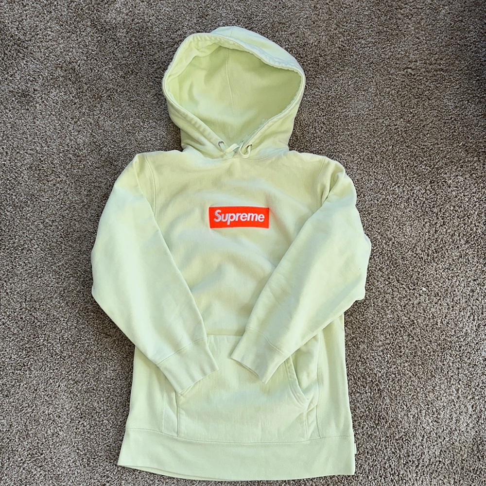 Supreme mint green, bright orange box logo hoodie.